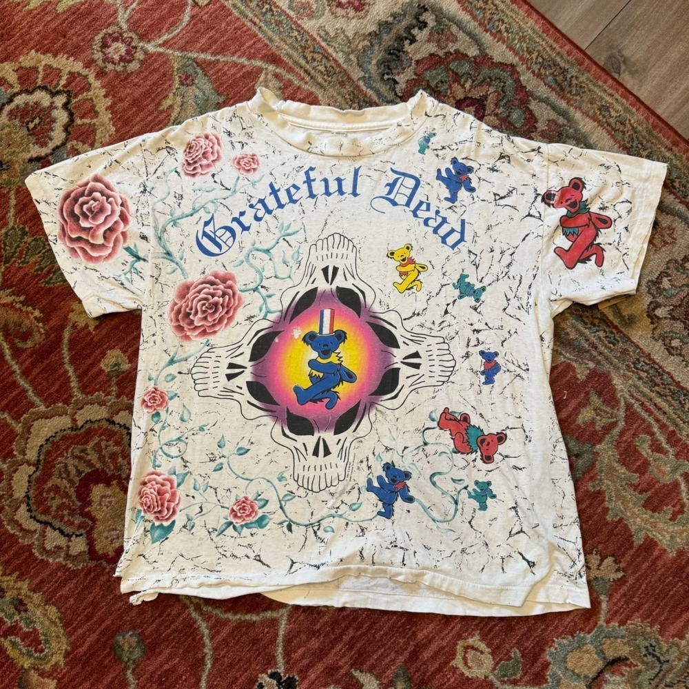 Vintage 1991 Grateful Dead All Over Print T-Shirt Brockum White Distressed XL